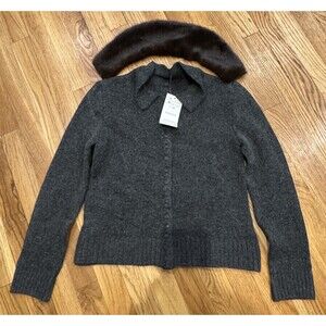 Nwt Womens Indefeir Gray BF Cardigan Sweater With Faux Fur Brown Collar Med